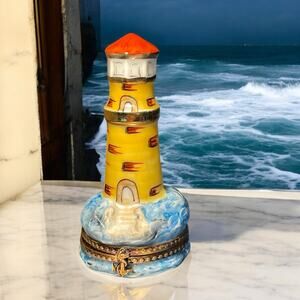 Authentic Limoges Hand Painted Lighthouse Trinket Box, Ring Box, Anchor Clasp